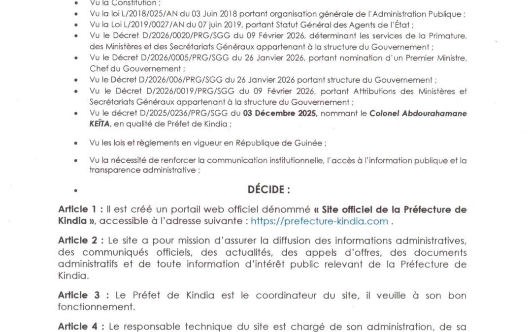 Kindia: Décision de Création du site de la préfecture